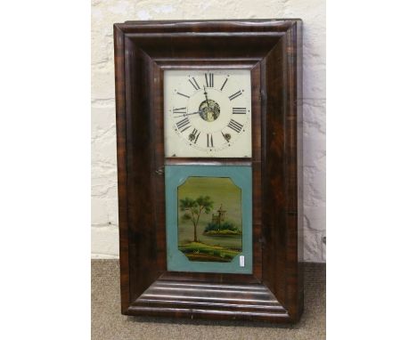An American mahogany cased eight day wall clock with square enamel dial having Roman numeral markers and with painted glass p
