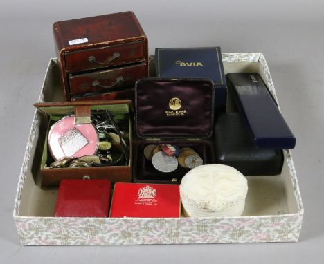 A collection of costume jewellery including ladies and gents wristwatches, brooches, earrings, cufflinks, a small jewellery b