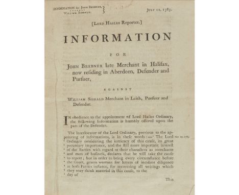 SCOTTISH PAMPHLETS, A COLLECTIONCOMPRISING 1) [Brebner, John: deposition.] [Caption title:] Information for John Brebner late