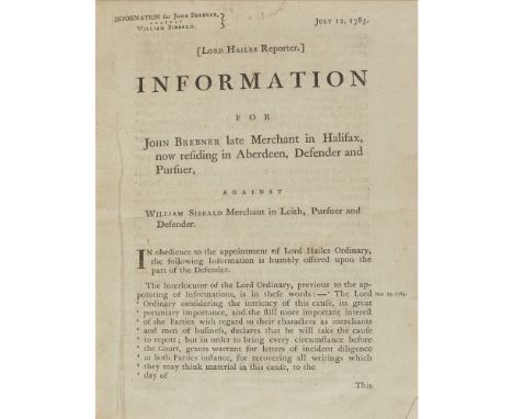 SCOTTISH PAMPHLETS, A COLLECTIONCOMPRISING 1) [Brebner, John: deposition.] [Caption title:] Information for John Brebner late