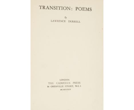 DURRELL, LAWRENCEINSCRIBED TO GEORGE WILKINSON Transition: Poems. London: The Caduceus Press, 1934. First edition, 8vo, inscr