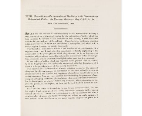 BABBAGE, CHARLES - THE ROYAL ASTRONOMICAL SOCIETYMEMOIRS OF THE ASTRONOMICAL SOCIETY OF LONDON [later the Royal Astronomical 