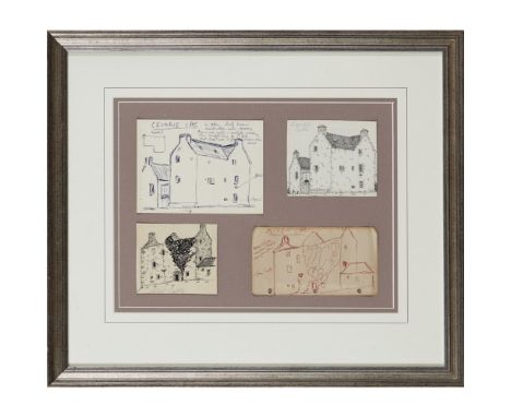 TRANTER, NIGELILLUSTRATIONS OF CASTLES Hallhead Castle, a preparatory sketch and a pen and ink illustration, framed with simi
