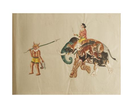 INDIAN COMPOSITE ANIMAL PAINTINGS6 WATERCOLOURS LAID INTO A MID-19TH CENTURY SCRAP ALBUM comprising a composite cow made from