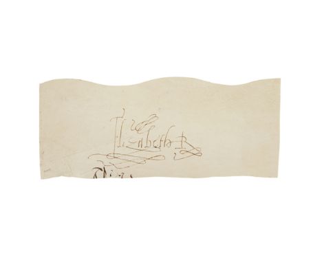 ELIZABETH I, (1533-1603, QUEEN OF ENGLAND)SIGNATURE ON VELLUM "ELIZABETH R.", excised slip from vellum document, 8.5 x 21cms.