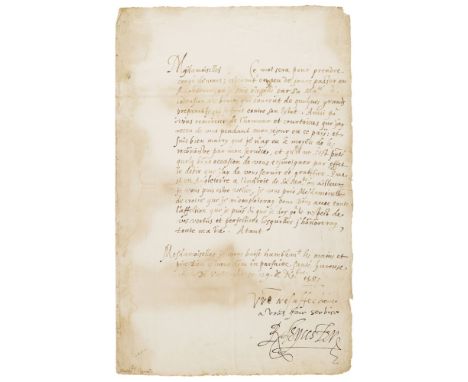 DUDLEY, ROBERT, (1532-1588, 1ST EARL OF LEICESTER)LETTER SIGNED, "R. LEYCESTER", AND SUBSCRIBED, ONE PAGE, THE TEXT IN FRENCH