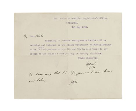 THE DANDI SALT MARCH AND MOHANDAS KARAMCHAND GANDHIA LETTER PREDATING HIS ARREST IN MAY 1930 typed letter from the East Godav