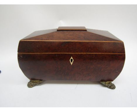 A 19th Century birdseye walnut tea caddy of sarcophagus form with satinwood stringing, ormolu feet and ring handles