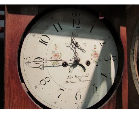 A late 18th/ early 19th Century longcase clock, with black Arabic numerals and subsidiary quarter hour minutes to the 34cm di