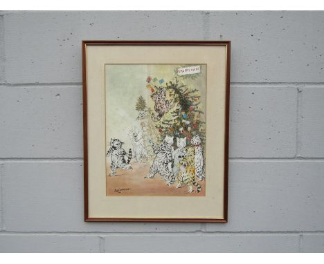 After Louis Wain a later hand coloured print depicting cats and Christmas tree, framed and glazed, 39cm x 29.5cm