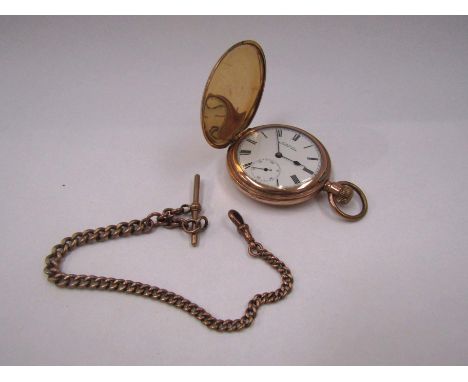A 9ct gold pocket watch chain with T-bar, 21.5g and a gold plated full hunter pocket watch (2)