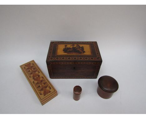 A Victorian Tunbridgeware tea caddy, the top with man and spaniel design, geometric borders, together with three further piec