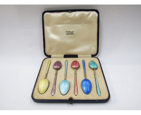 A cased set of William Suckling Ltd silver enamel/guilloche spoons, Birmingham 1929