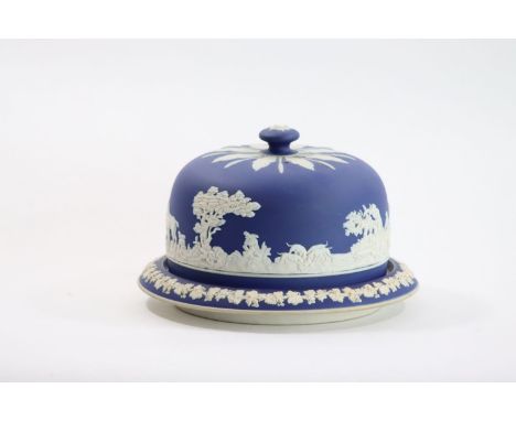 Adams Dark Blue Jasperware Cheese Dome Cover & Plate.    Dome has hunting scene, r, plate has grape motif.    Plate signed Ad