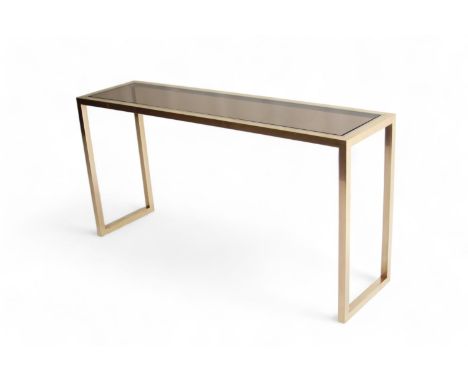 Console made of brass and chromed steel with glass top.   Signed to side "Jean Charles" width143 cm height71.5 cm