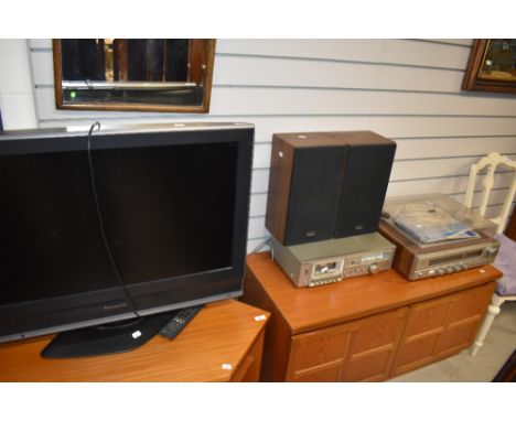 A Panasonic TV and selection of vintage Toshiba hifi components