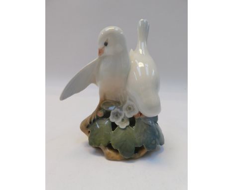 A Royal Copenhagen bird group "Turtledoves on Cherry Blossom Branch" , designed by Theodor Madsen , underside with green manu