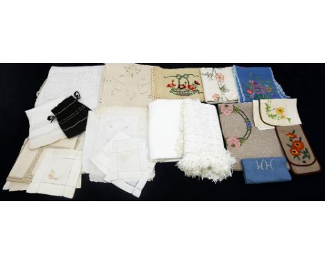 A collection of vintage textiles to include a Dorothy bag in black sub taffeta, a purple Edwardian shawl with black fringing,