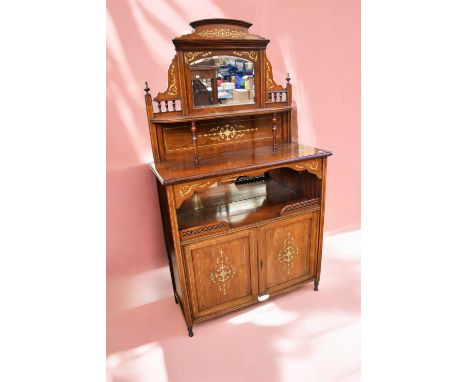 An Edwardian mahogany glazed chiffonier, with inlaid design and two door cupboard base, approx. 160cm H x 91.5cm W x 37.5cm D