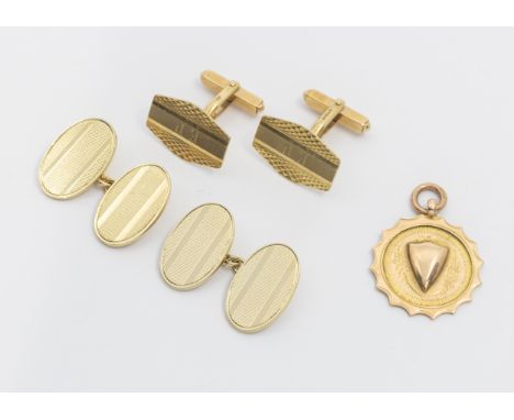 A pair 9ct gold oval cufflinks, machine engraved  along with an engine turned  initialled EP 9ct gold pair of swivel cufflink