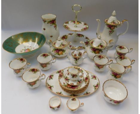 A collection of Royal Albert , Old Country Roses tea wares , to include A Teapot , Sugar and Cream jug , A coffee pot , a Min