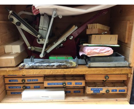A vintage&nbsp;Adana Five-Three printing machine in a bespoke box with accessories and type blocks etc