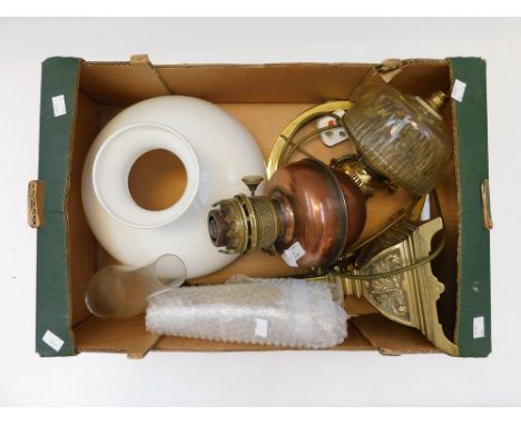 A Victorian brass corinthian column oil lamp with shade along with a copper table top oil lamp, Victorian lamp converted to e