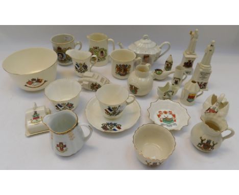 A collection of early 20th Century crested wares along with commemorative mugs, cups with saucers and a tea pot,&nbsp;most go