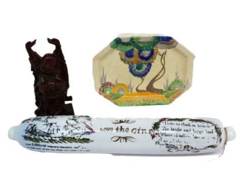 A Clarice Cliff "Bizarre" ceramic octagonal plate; a "Love the Giver" glass rolling pin (loss to paint), and a Modern wooden 