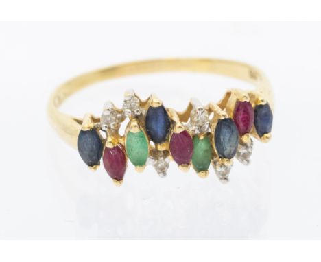 A multi stone set 14ct gold ring, comprising alternate marquise cut sapphire, emerald, ruby, with diamond accents, width appr