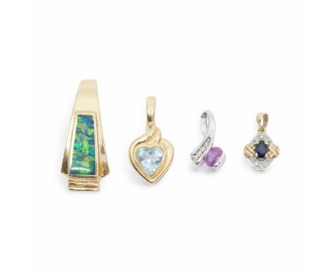 A collection of four 14ct gold gem-set pendants, including a yellow gold blue topaz heart pendant with enhancer clasp, length