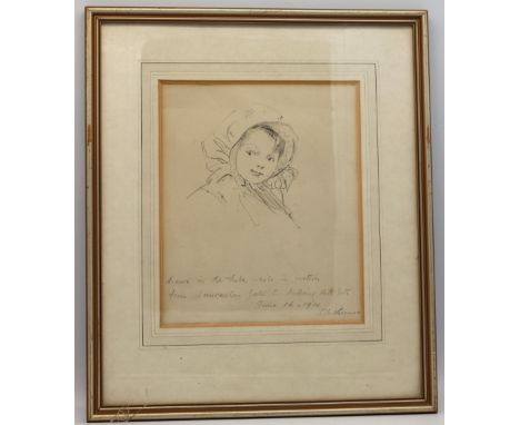 English School (early 20th Century) Portrait of young girl with bonnet pencil sketch, 20 x 16.5cm  signed lower right J.B Wie