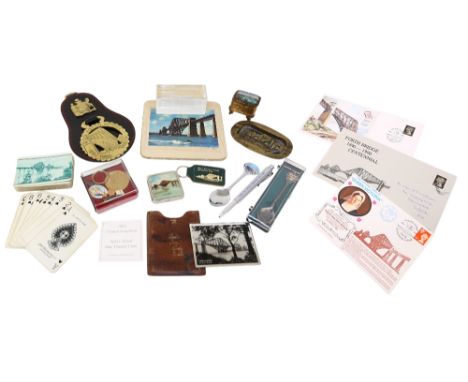A collection of Forth Bridge ephemera to include an Edwardian trinket box, pill box, handbag, vanity mirror, vintage deck of 