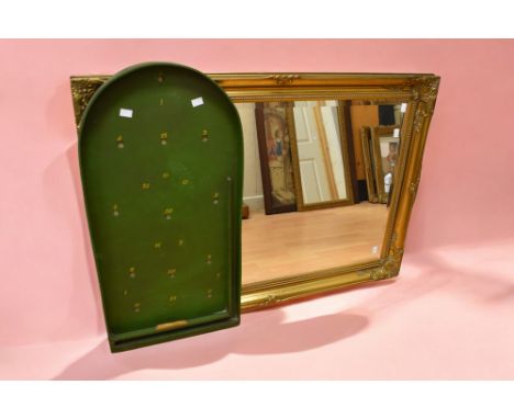 A rectangular gilt wall mirror, a reproduction Regency wall mirror, bagatelle board and a framed print.