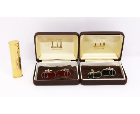 Dunhill; two pairs of silver and enamel gentleman's cufflinks; together with a gold plated lighter