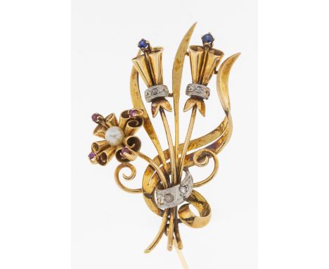 A vintage diamond, sapphire, ruby and pearl spray brooch, comprising a stylised spray set with wound mixed cut sapphires and 