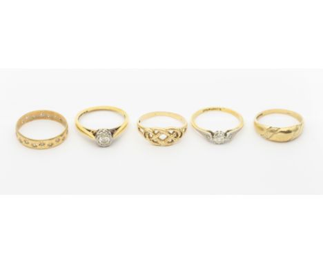 A collection of gold rings to include two diamond and 18ct gold platinum set rings both a/f shanks worn, stone sizes approx 0