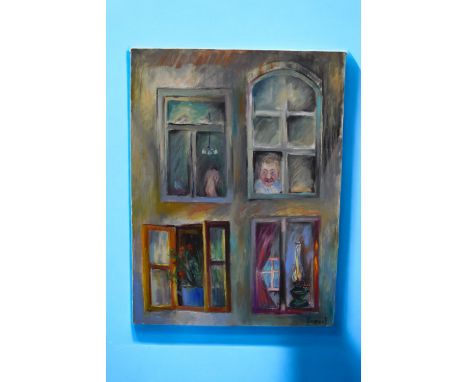 Petro Sholtes (Ukrainian, b. 1945), 'A Colourful World', a scene of four windows showing a different insight into a colourful