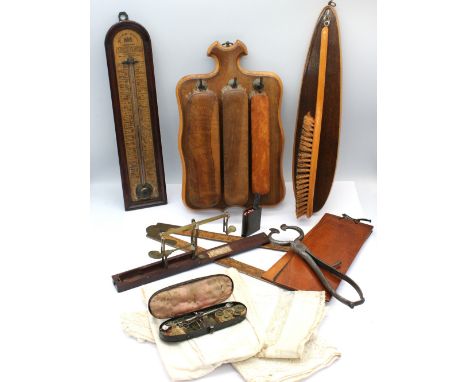 A mixed lot to include; a folding cased set of Wilkinson's of Ormskirk sovereign scales; a cased set of hanging scales of sma