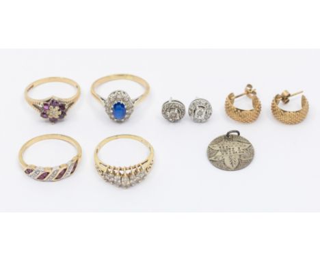 A collection of jewellery to include a diamond set 14k gold cluster ring, size P1/2, total gross weight approx 2.4gms, a 9ct 