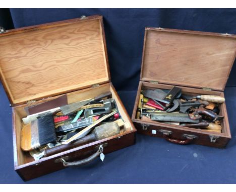 Two vintage wood tool cases with vintage tools.