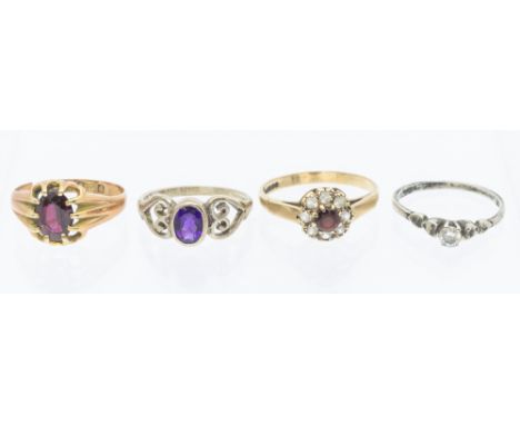 A 9ct gold paste set cluster ring, along with a weighable 9ct rose gold ring set with garnet, (cut through shank and stones t