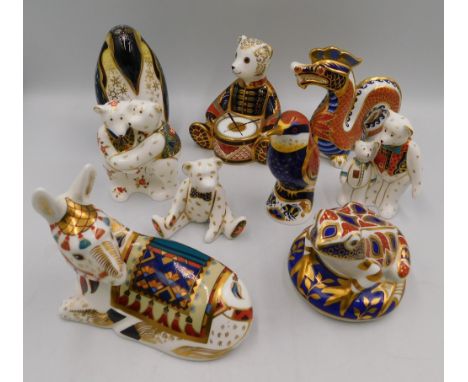 A collection of six Royal Crown Derby paperweights to include Drummer bear, Donkey, Frog, Kingfisher, Dragon and penquin with
