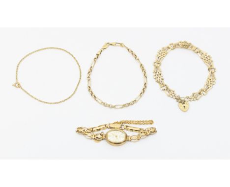 A collection of weighable 9ct gold to include two bracelets a/f dented damaged, fine yellow metal unmarked bracelet assessed 