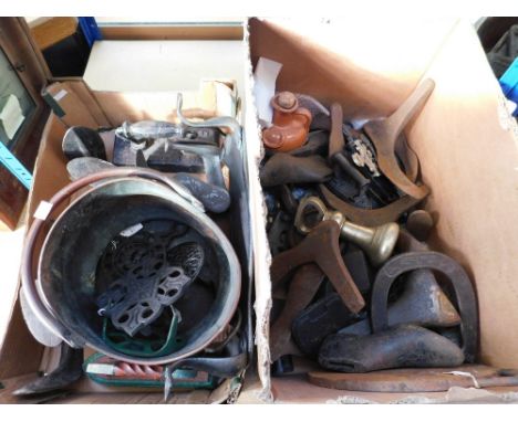 A collection of vintage metal wares to include shoe/boot lasts and stretchers, irons, coal scuttles etc. some tarnishing , we