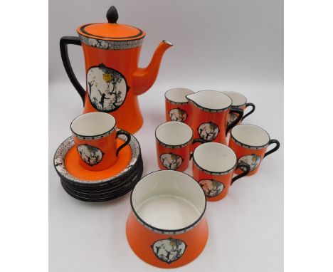 A W & R Carltonware six piece coffee set decorated with silhouette of children playing on a bright orange background , 1 Coff