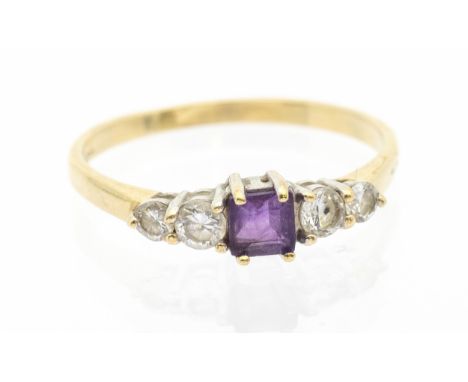 An amethyst and cz set 9ct gold dress ring, set with a square mixed cut amethyst, graduated cz set either side, width approx 