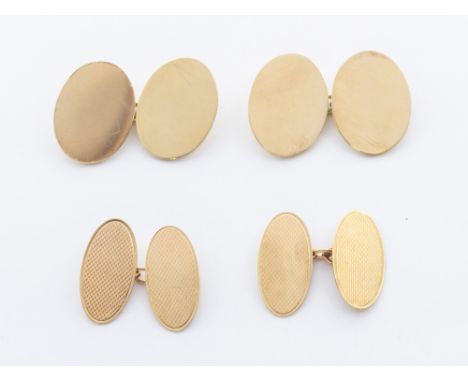 Two pairs of 9ct gold oval cufflinks, comprising one with engine turned decoration, both with chain links, hallmarked 375, co