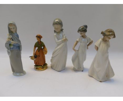 3 Nao figures with a Lladro figure of young ladies and another unmarked figure. all in good condition with no chips, cracks o