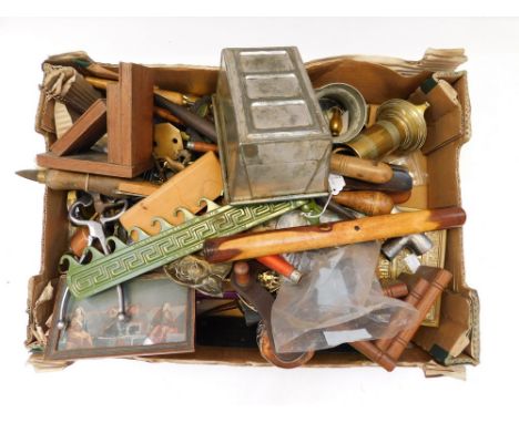 A mixed collection of vintage tools, brass fittings, measuring rules, pots etc. wear , dents etc